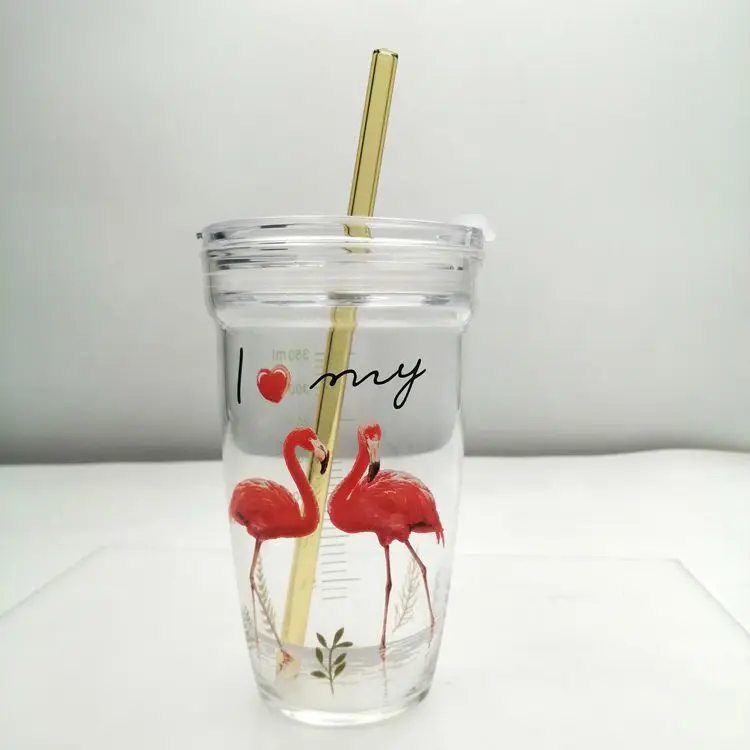 Customized Double Wall Tumbler Glass With Lid, Glass Containers Tea Whiskey Glass Cup Straw 12 Oz per Cup