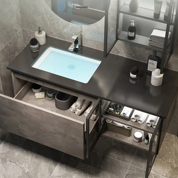 Hotel Solid Wood Bathroom vanity Cabinetry Combo Floating bath Vanity Modern Double Sink Black for washroom storage