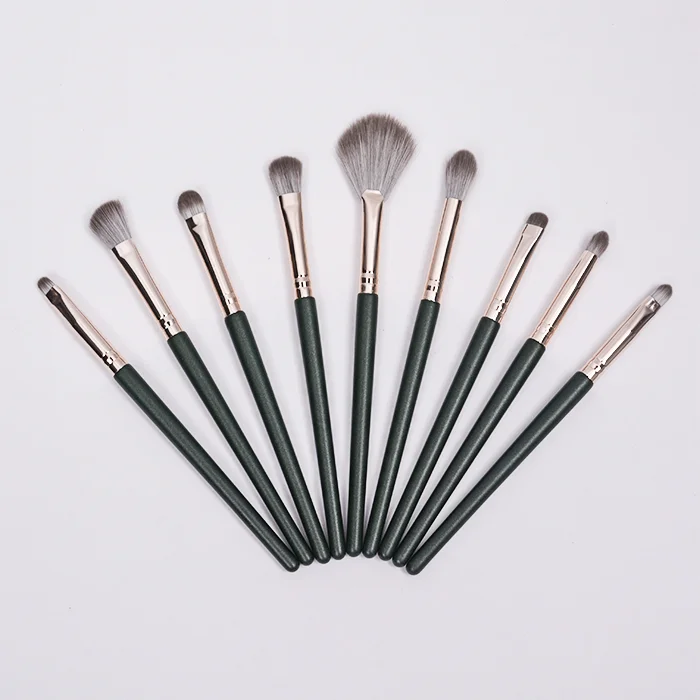 Wholesale 14pcs Textured Green Wooden Handle Rose Gold Ferrule Synthetic Hair Makeup Brush Set