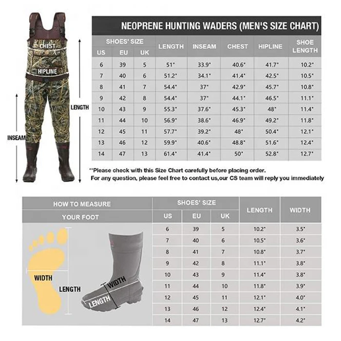 Hunting Fishing Breathable Waterproof Neoprene Wading Pants Waist Chest fly waders with PVC rubber boots