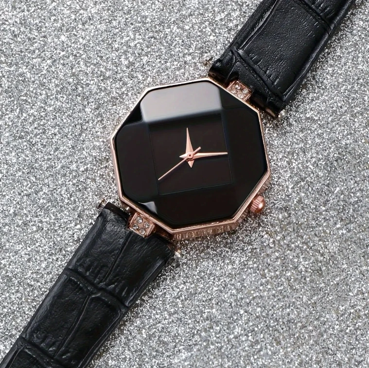 NJC Elegant Rhombus Dial 5pcs Ladies Quartz Watches Sets Rhinestone Leather Black Wrist Watch With Beads Bracelets Set