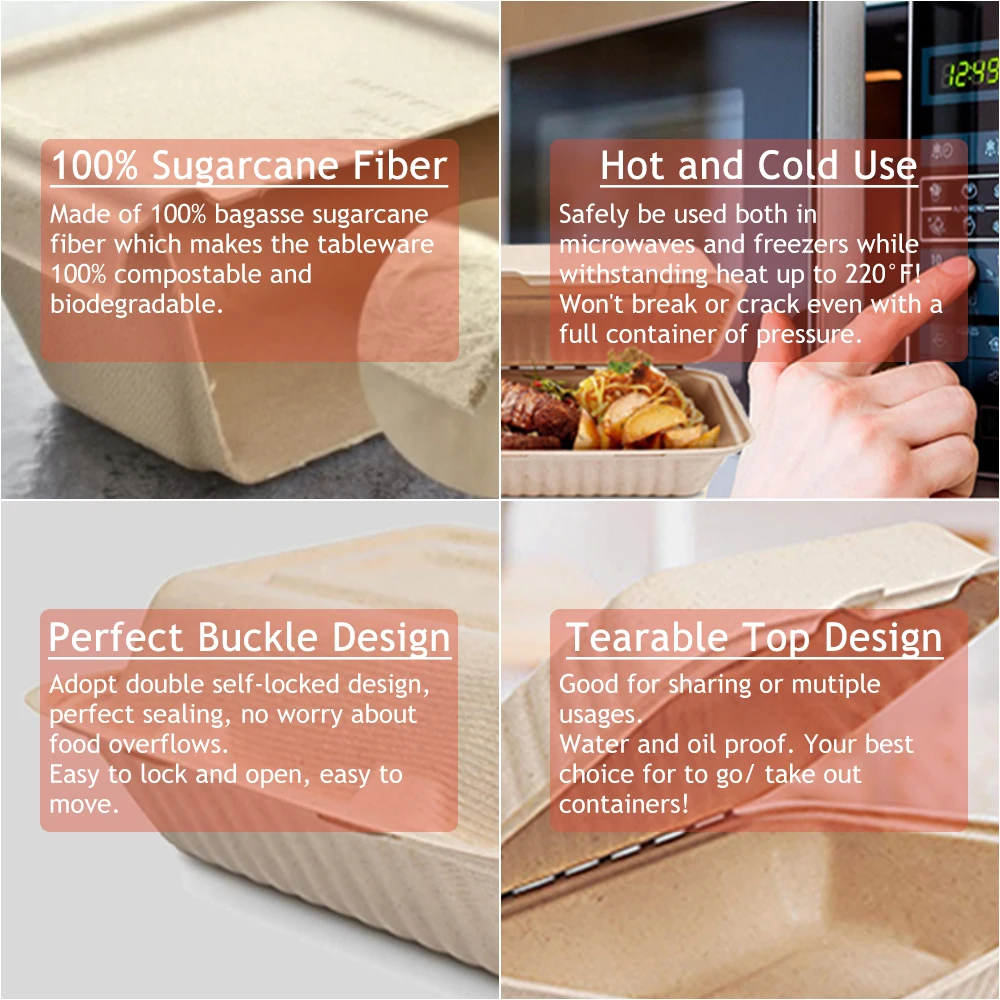 Customized natural unbleached food container disposable compostable food box for burger sugarcane bagasse burger box