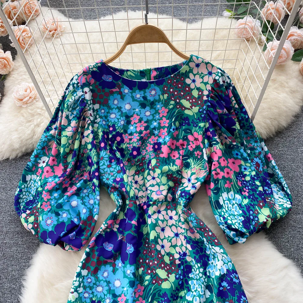 2022 vintage print dress for women puffed sleeves high waist temperament long skirt fish tail dress