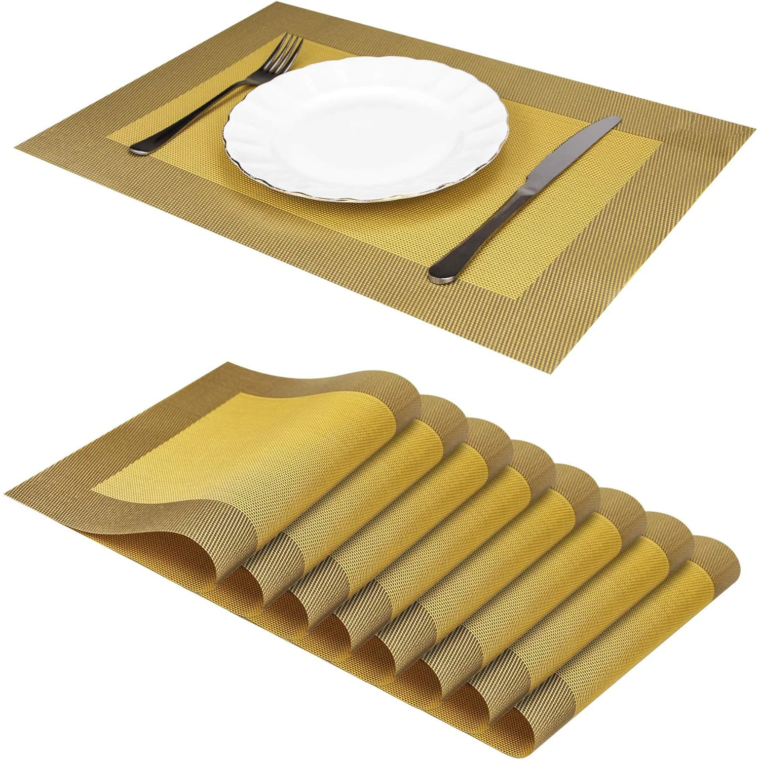 2024 Tabletex Woven Vinyl Plastic Placemats for Dining Table Set of 8 Washable PVC Heat Resistant Table Mats Yellow