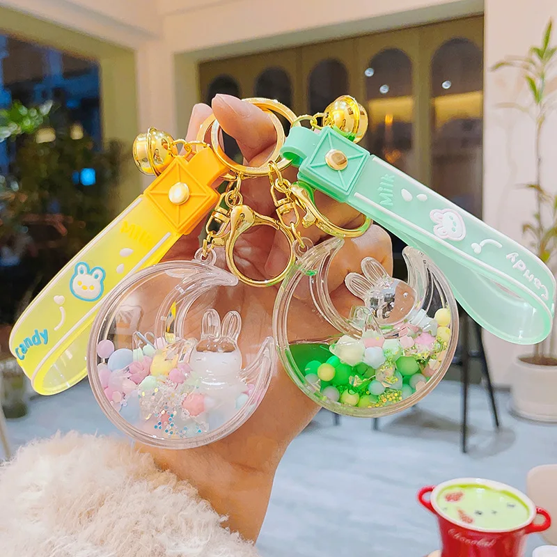 Oil in acrylic quicksand colored beans Moon Rabbit key chain cute couple car key chain bag pendant gift Promotional Girl Women