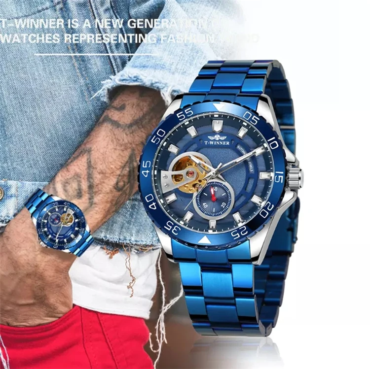 WINNER WIN255 Mechanical Watch Blue Stainless Steel Skeleton Watch Top Brand Luxury Business Luminous Male Clock winner watch