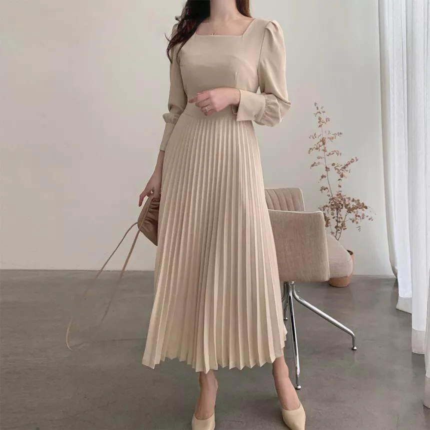 Женское платье с длинным рукавом, повседневное однотонное плиссированное платье в Корейском стиле с узкой талией и круглым вырезом, весна 2021