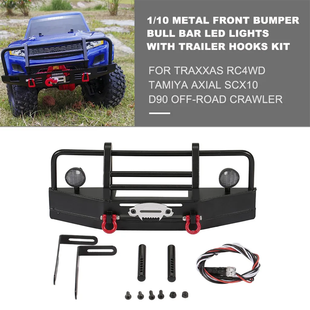 1/10 RC Car Metal Front Bumper Bull Bar LED Lights for Traxxas TRX4 Hsp Redcat Rc4wd Tamiya Axial D90 Hpi Off-road Rock Crawler