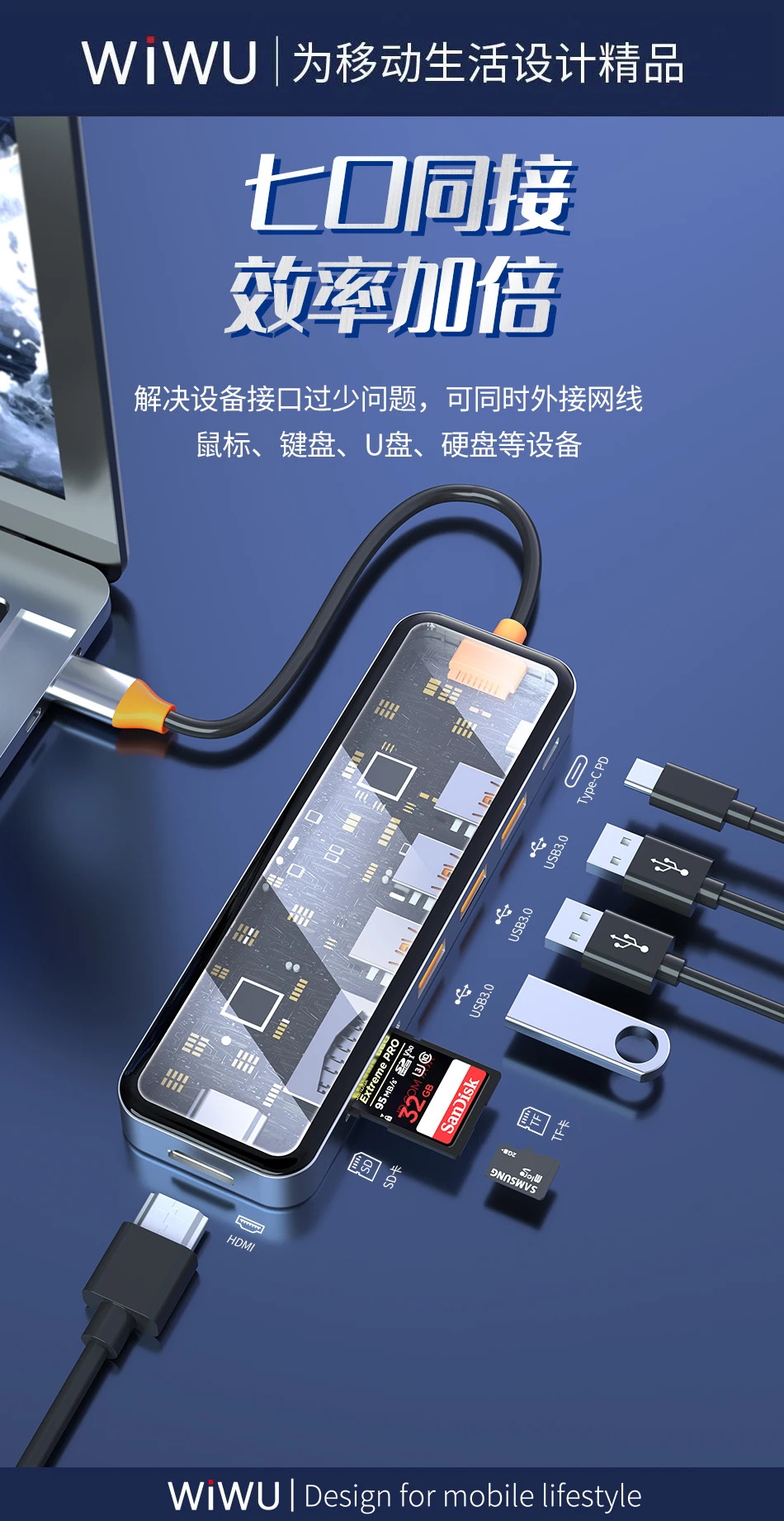 Multiple port OTG adapter 7 in 1 USB3.0 to 7 ports USB 3.0 2.0 Mini portable hub USB for multi mobile device