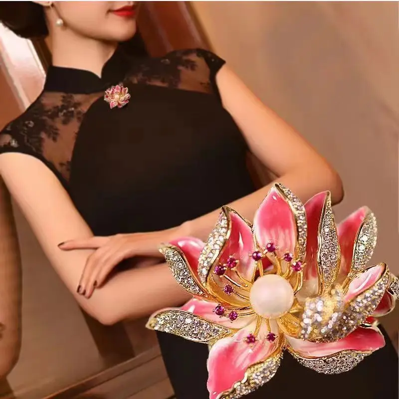 Chinese Style Rhinestone Pink Flower Brooch Pin Pearl Flower Lotus Designer Brooch For Women