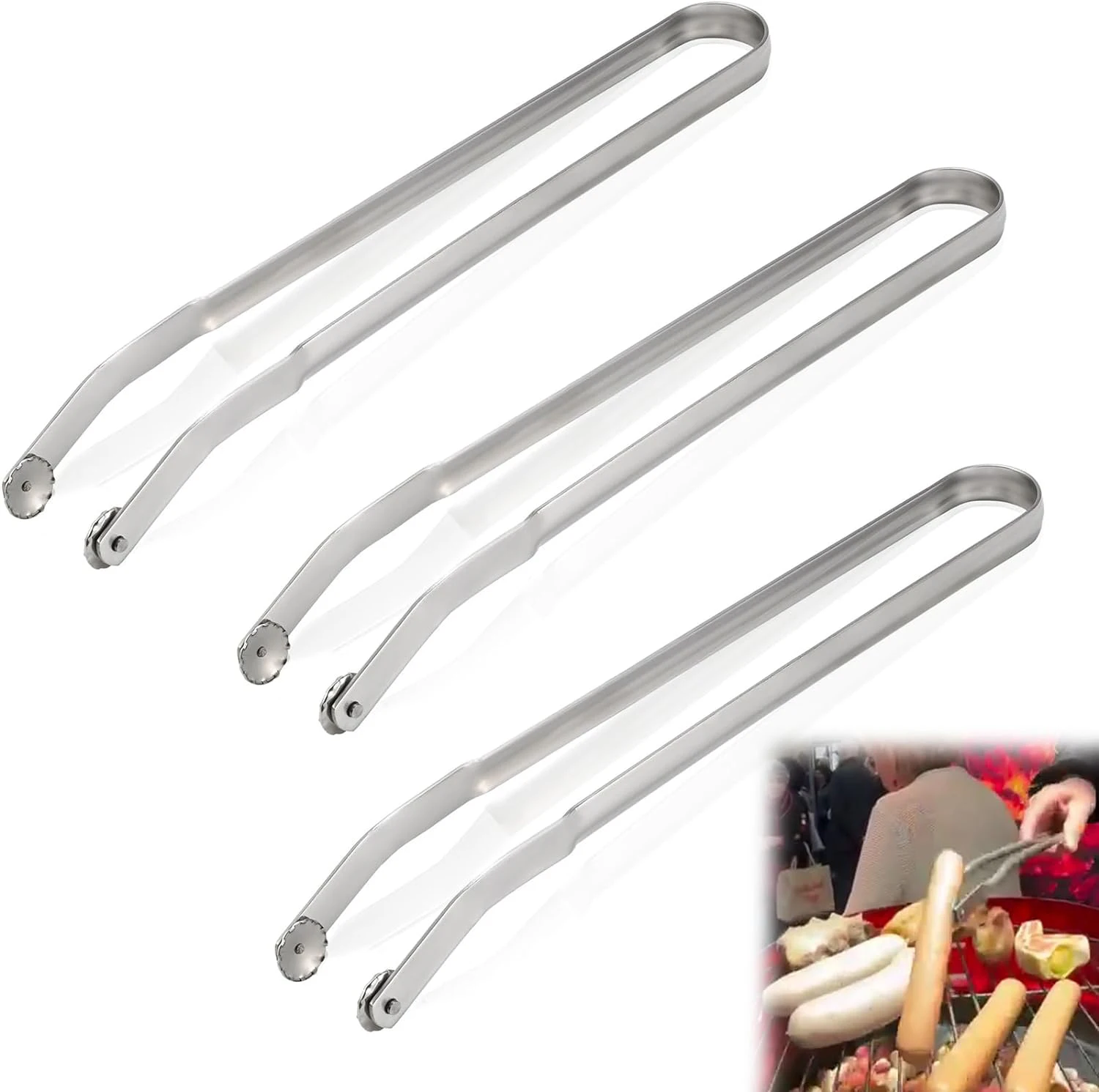 Barbecue Sausage  Long Handle Kitchen Grill Stainless Steel Hot Dog BBQ Sausage Turning Tongs