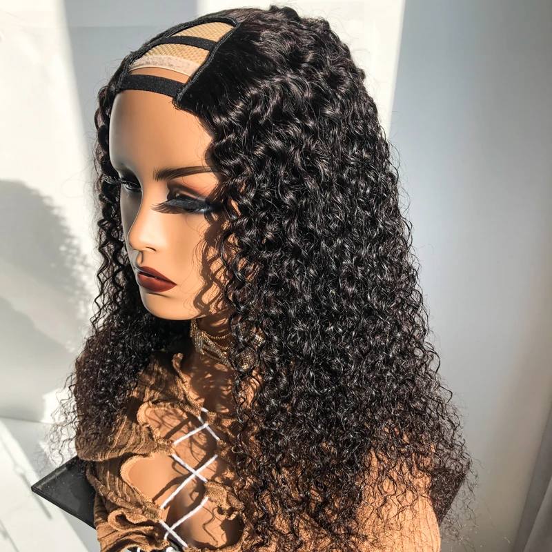 Clips Natural Human Hair Wigs Blended Hot Selling Side Part Indian kinky curly U Part Wig  For Black Woman