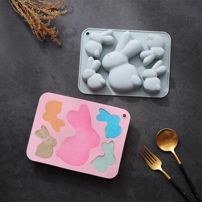 12559 5Holes Easter Bunny Rabbit Silicone Cake Mold for Chocolate, Candies, Ice Cube Trays Baking Molds
