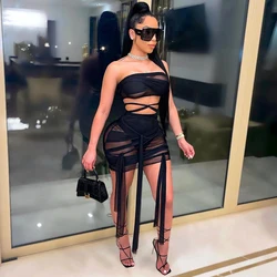 K21S01178 Ribbons See Through Halter tube top MiniSkirt Outfit Summer Breathable Mesh 2 Piece Skirt Set Women