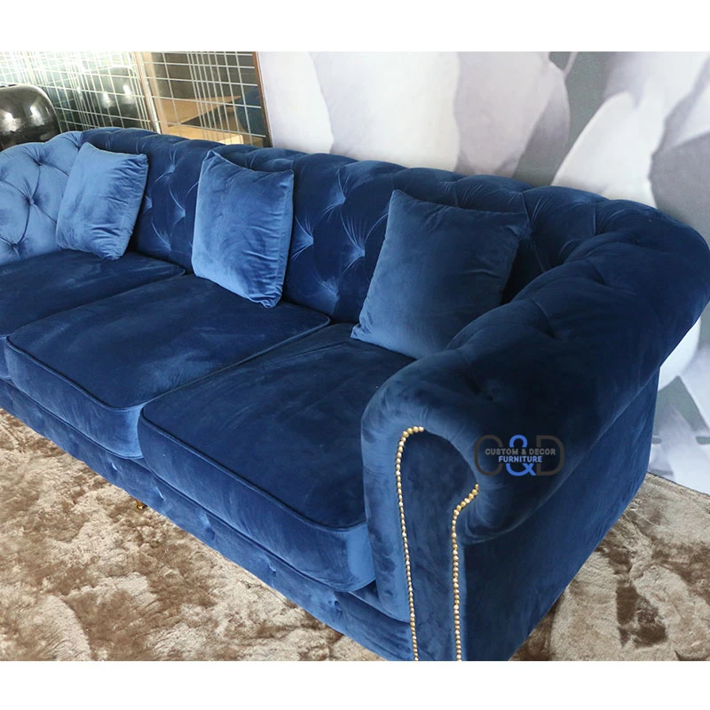 l shaped luxury fabric blue velvet couch sofa Chesterfield living room furniture