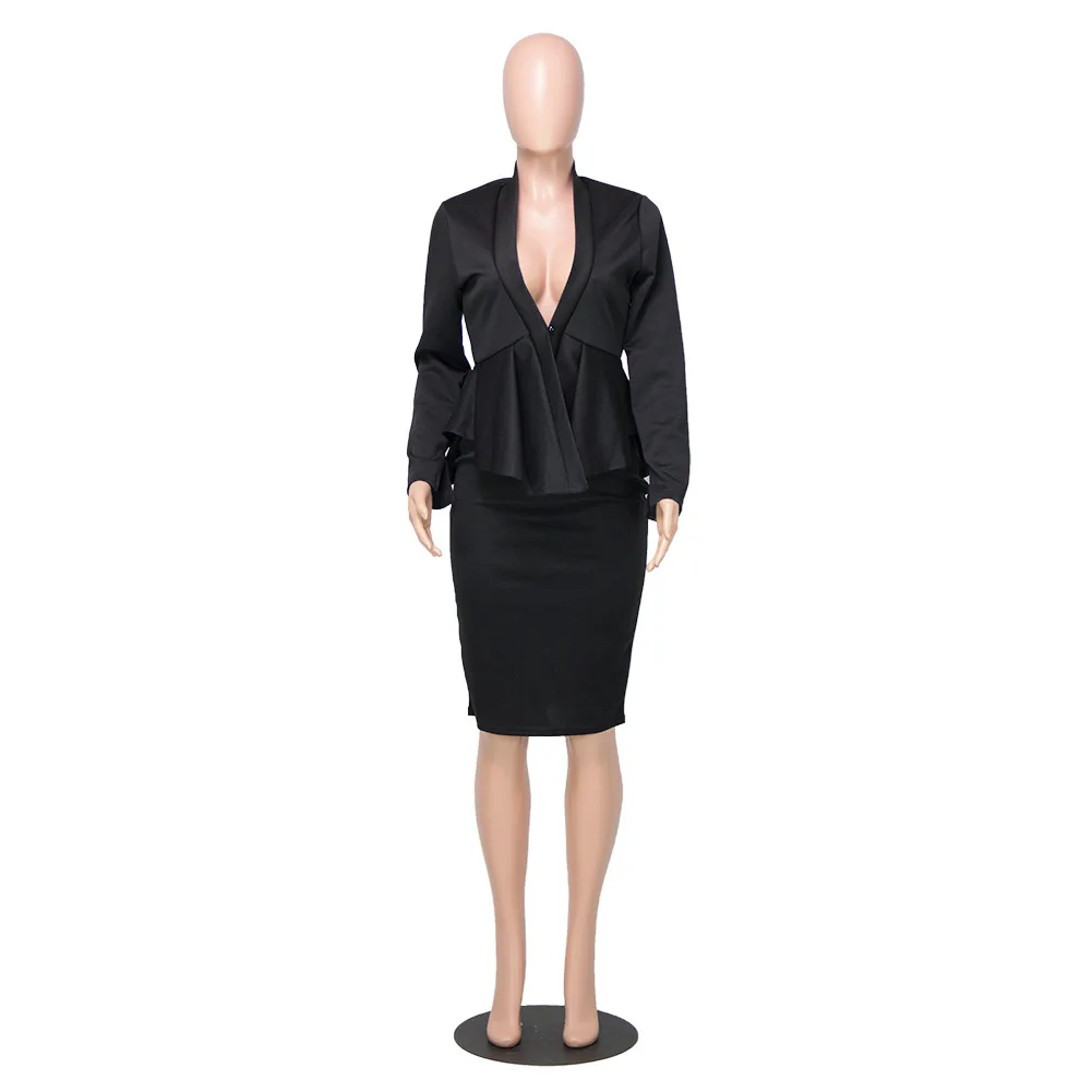 
Dropshipping Quality Female Plain Ruffle Peplum Styles Two Pieces Office Suits For Ladies Skirt Suits Women Office Skirt Suit 