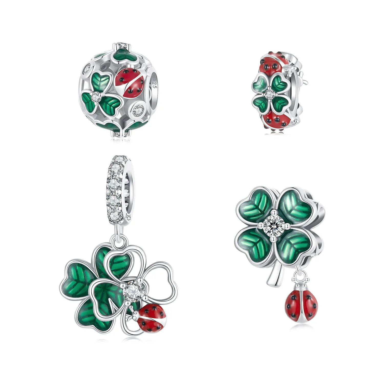 Hot selling s925 sterling silver ladybug DIY jewelry bead combination lucky clover series beads
