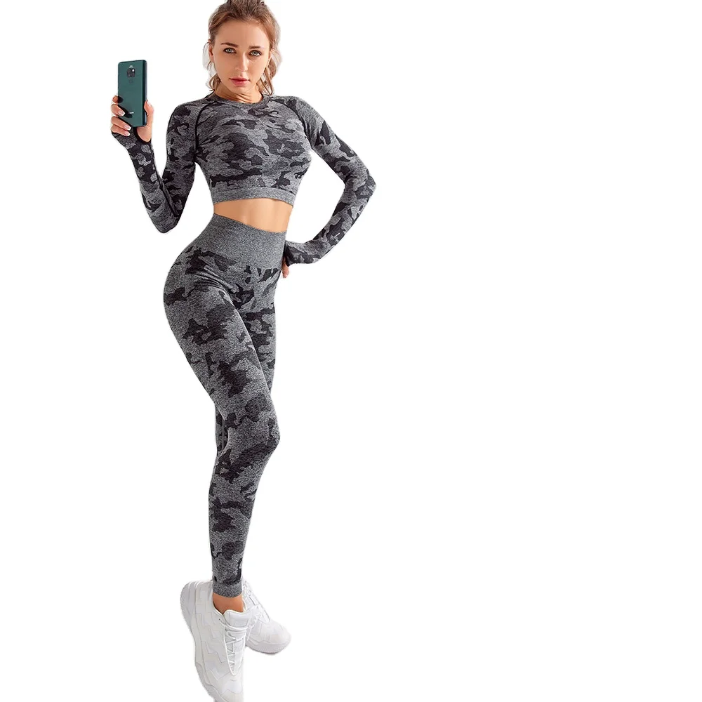 
 R спорта Фитнес Одежда Спортивный бюстгальтер леггинсы рукав три предмета в комплекте, с камуфляжным принтом Бесшовные Йога Спортивный комплект со штанами, для женщин  