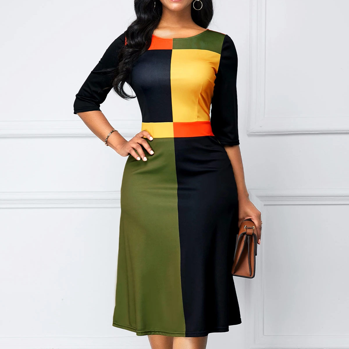 Round Neck Color Block Zipper Back Dress Casual Dress