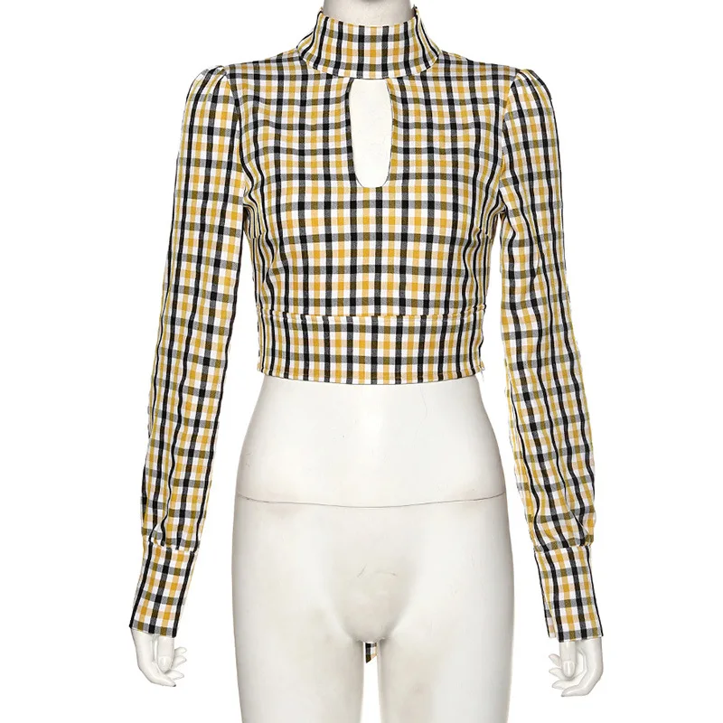 Womens Clothing Fashion Plaid Bandage Long Sleeve Shirt Women Slim Short Blouse