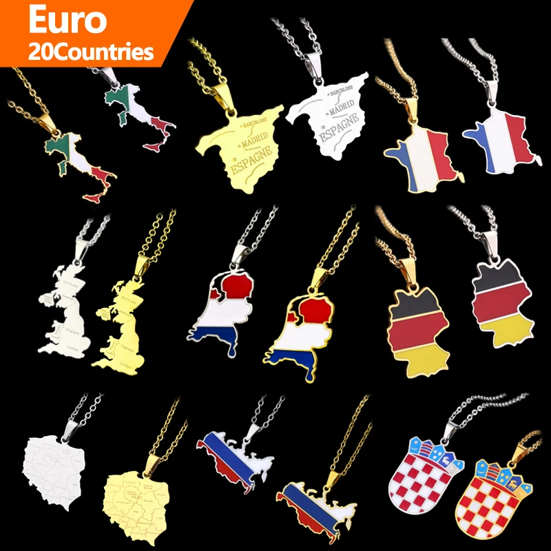 Custom Euro Different Counties Flag Map Necklace Chain Link Blank Wholesale Stainless Steel Necklace