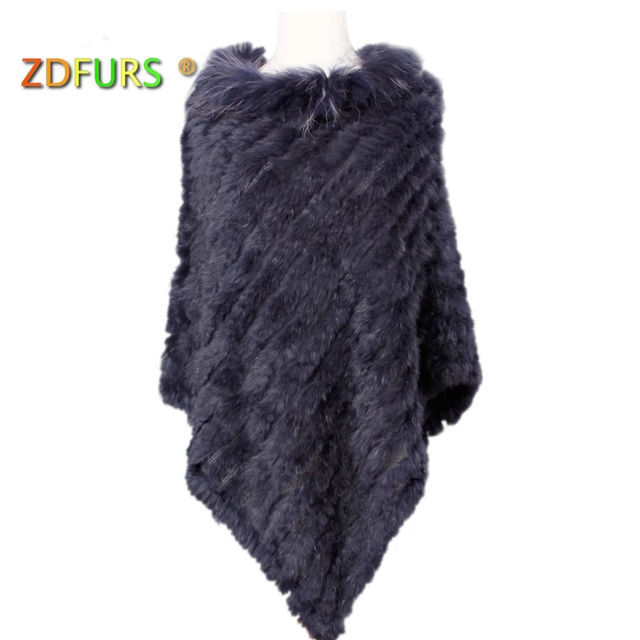 ZDFURS * Трикотажное пончо из натурального кроличьего меха большого размера с воротником енота модные уличные меховые деформации