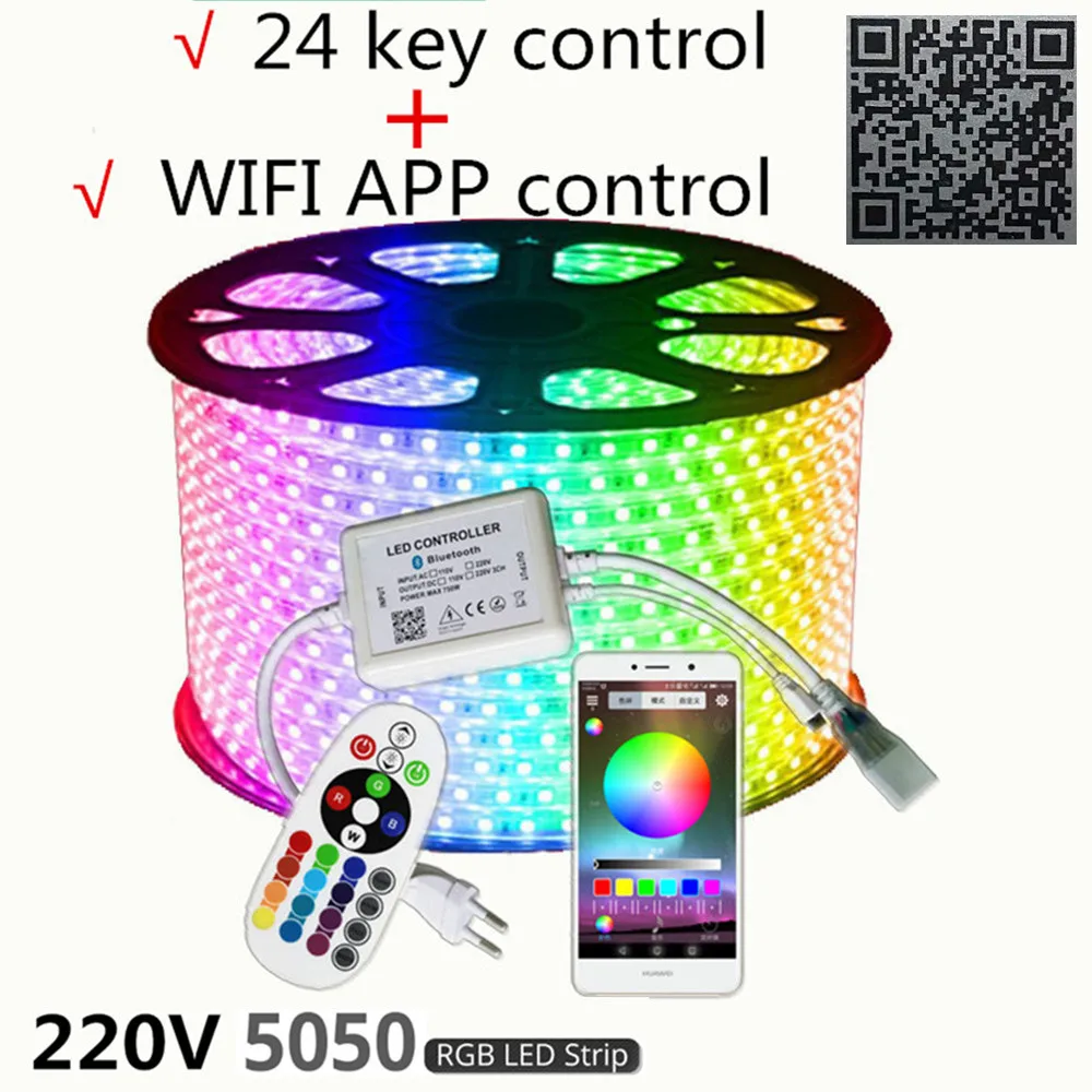 220V LED Strip Light Flexible Lights Outdoor Room Decoration Lamp SMD 5050 Tape Phone APP and Remote Control Waterproof 12V RGB