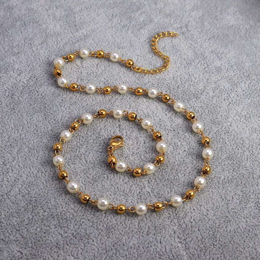 Dainty 18K Gold Beads Link Chain Necklace Elegant Temperament Ladies Jewelry Waterproof Small Pearl and Bead Choker Necklace