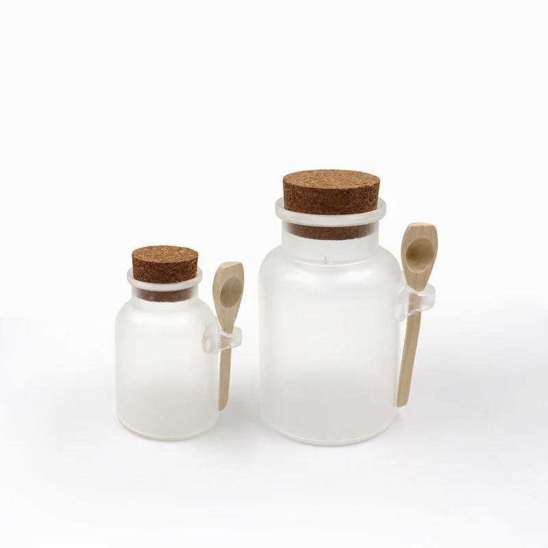 100ml 200ml 300ml 500ml frosted plastic bottle ABS bath salt jar with cork lid Small spoon clear wide mouth bottles big capacity