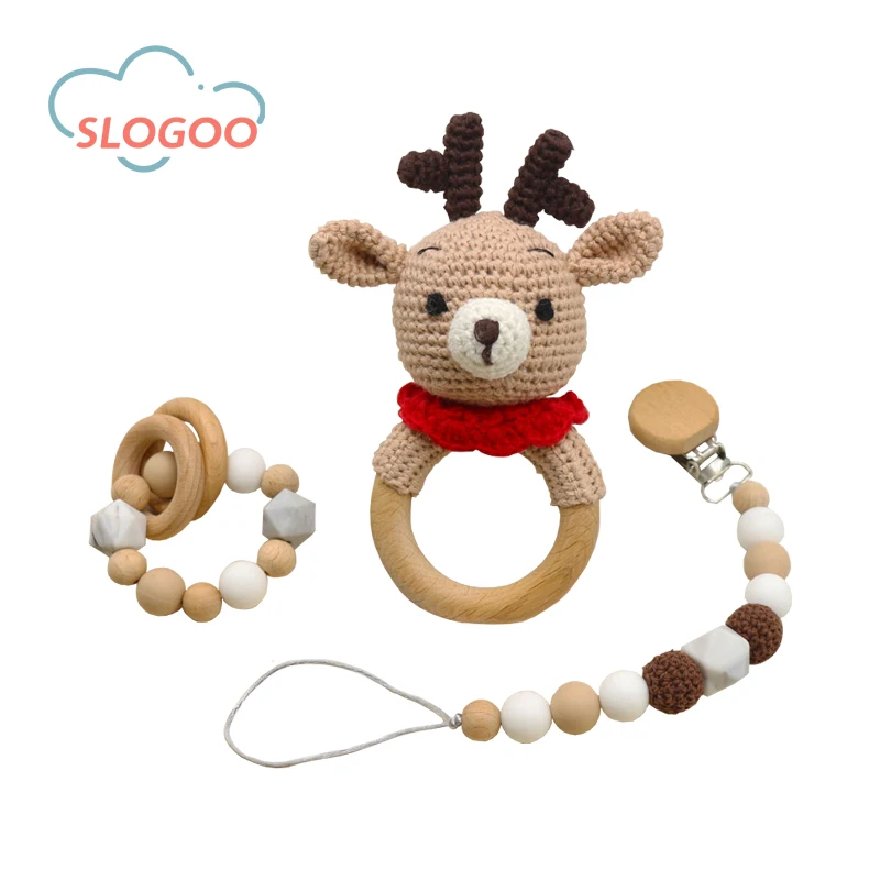 Natural Safety Non-toxic Cotton Handmade Baby Wooden Teething Crochet Rabit Teether For Infant Kids