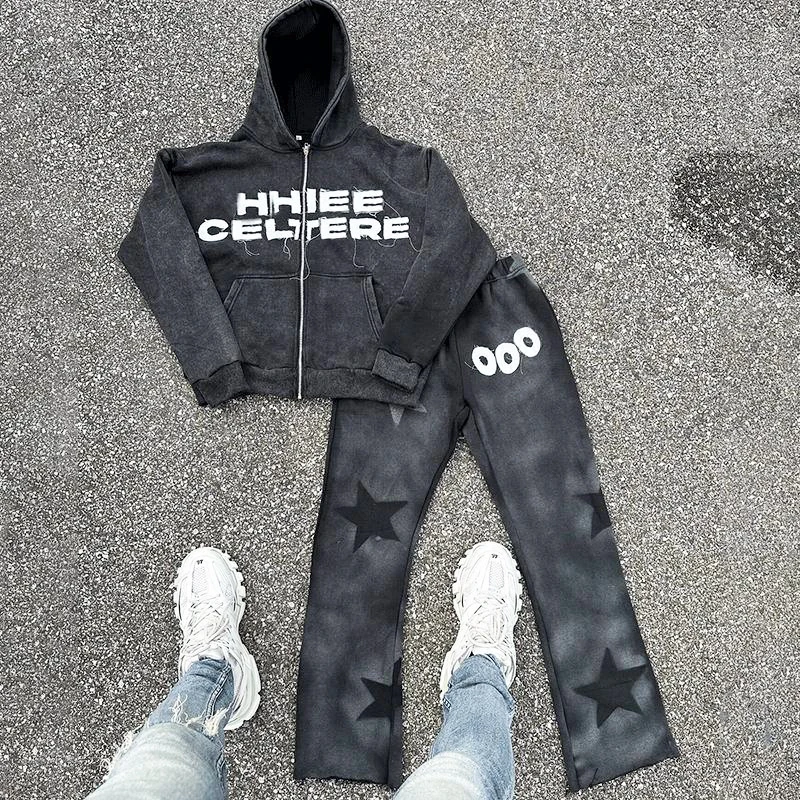 Acid Wash Vintage Zipper Hoodies Sweatsuit Jogger Set Custom Applique Embroidery Patches Oversized Flared Sweatpants Tracksuits