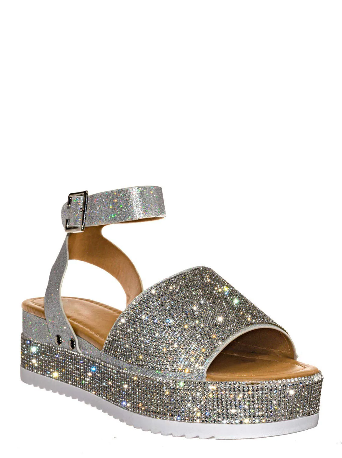 LX-220 2021 sequined beaded wide cross strap open toe thick wedge sole high heel ankle strap platform sandals for women