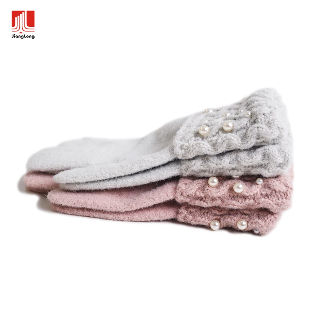 Пользовательские уютные мягкие Однотонные эластичные зимние теплые перчатки с украшением из матового жемчуга Женские варежки