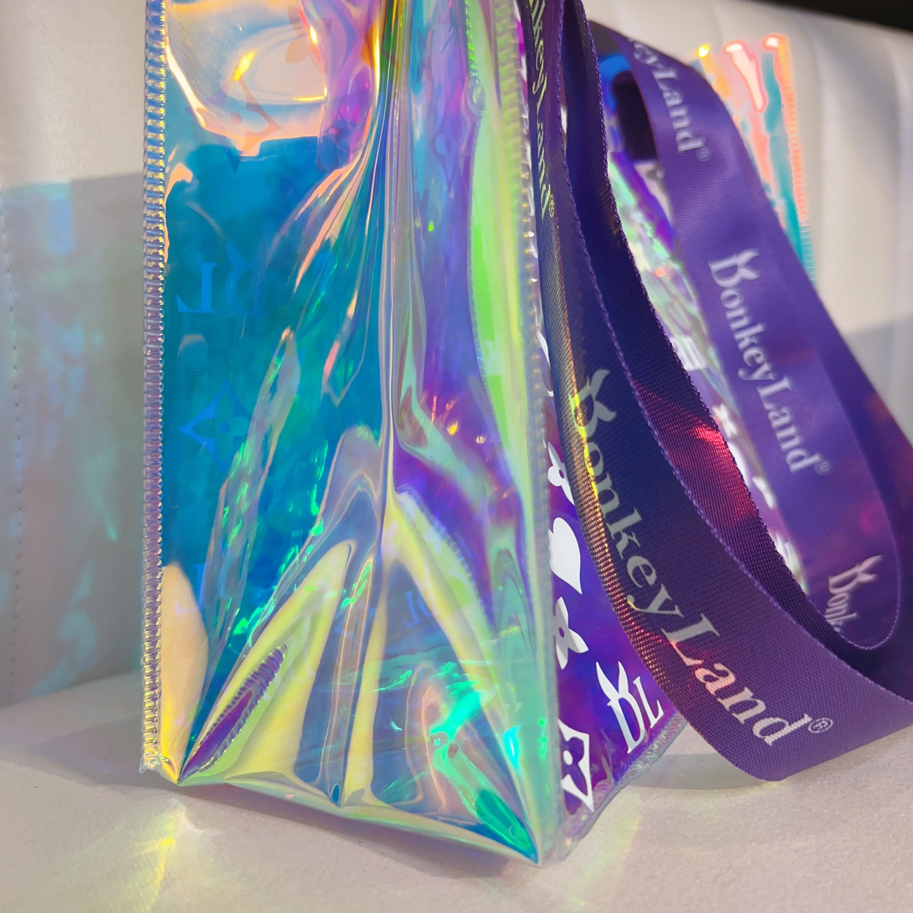 Custom Holographic PVC Women Cosmetic Handbags Transparent Beach Shopping Bag with ribbon handle