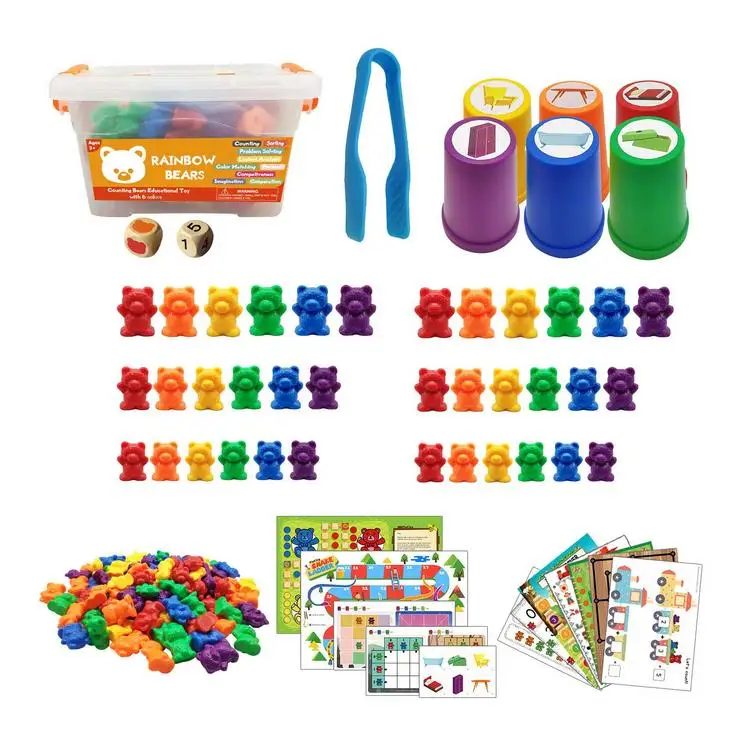
Rainbow Counting Bears Toy Set Number Color Recognition Game Wooden Color Dice Bear Question Cards Storage Box 