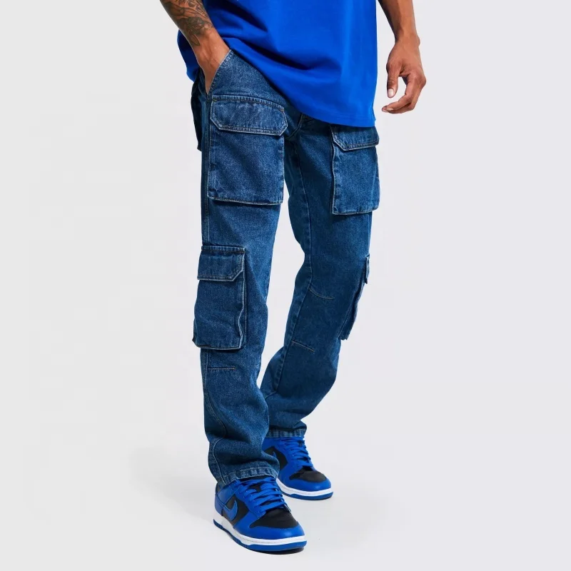 Hot Fashion Street Wear Jeans Tactical Pant Custom Logo Vintage Multi Pocket Trousers Mens Acid Wash Denim Pant