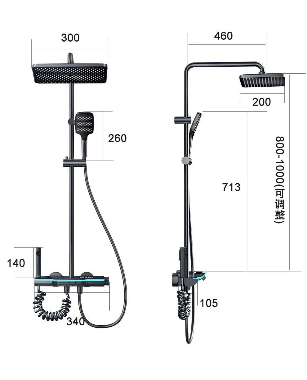 Adjustable Square Thermostatic Bathroom light digital display thermostatic bathroom shower copper faucet pressurized shower set