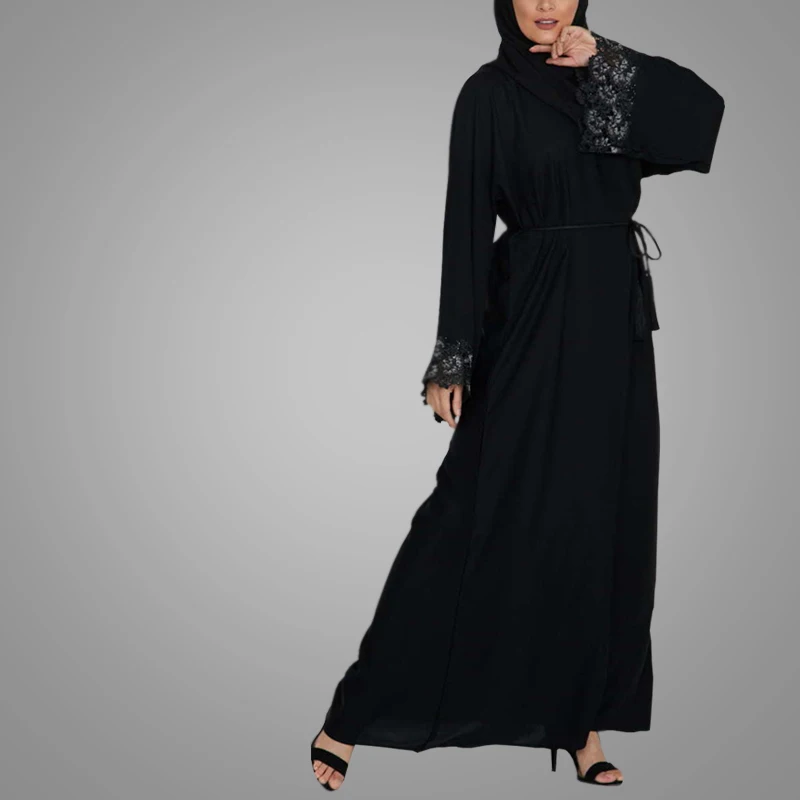 Hot Sell Moroccan Style Black Front Open Abaya Fashion Lace Long Sleeve Islamic Women Clothing Kimono Style Muslim Abaya