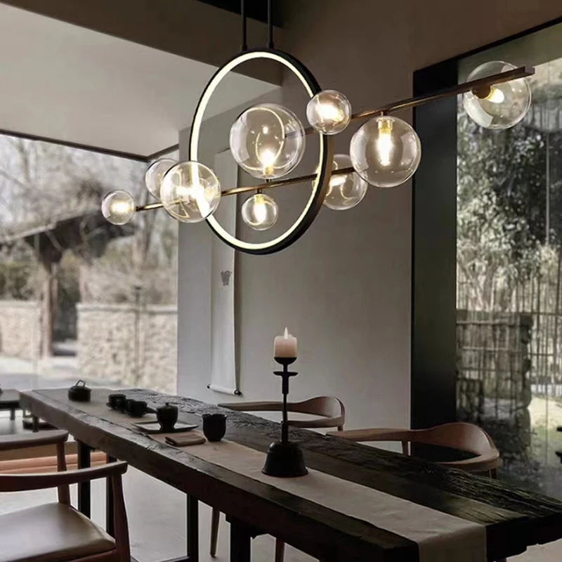 Hot sale Modern dimmable black color glass ball led dinner room long table pendant lighting chandelier