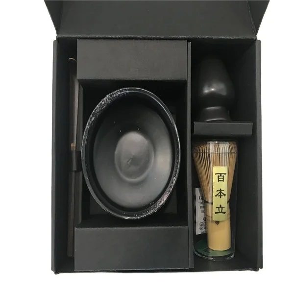 Handmade Classic Customized Matcha Set Includes Black Bamboo Whisk Whisk Holder Spoon Bowl with Gift Box for Coffee Drinkware