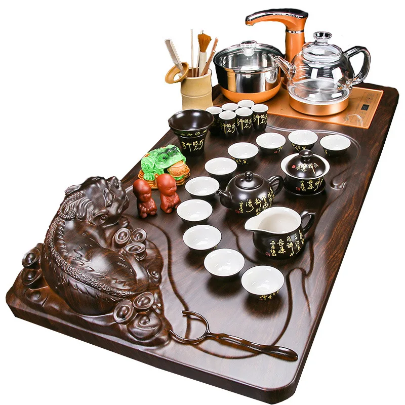 Chinese famous wooden tea tray, Kongfu tea set with tea pot, cups and all tea ceremony accessories