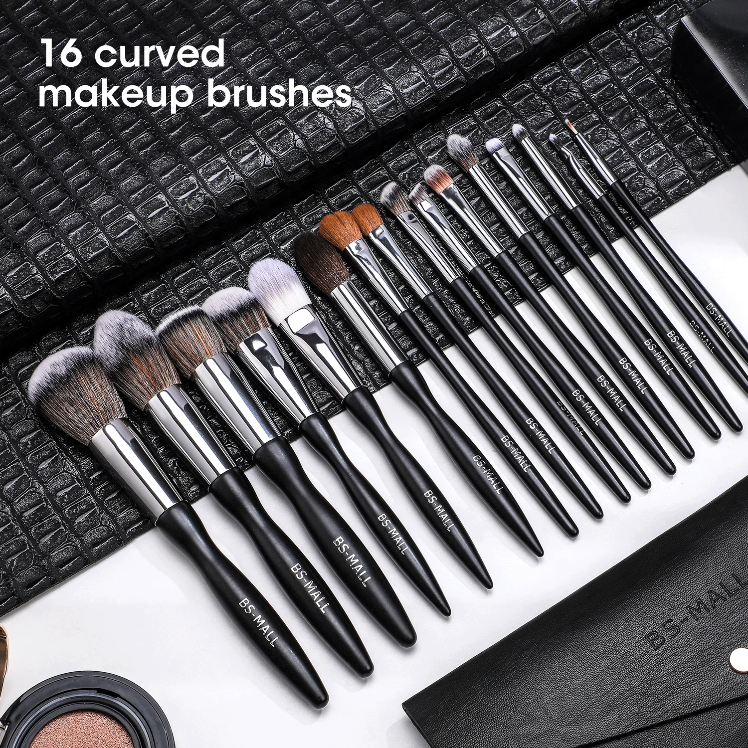 Professional BS MALL Makeup Brush Set 16pcs Custom Logo Wooden Handle Brushes Cosmetic Wholesale Black Makeup Brushes with Bag