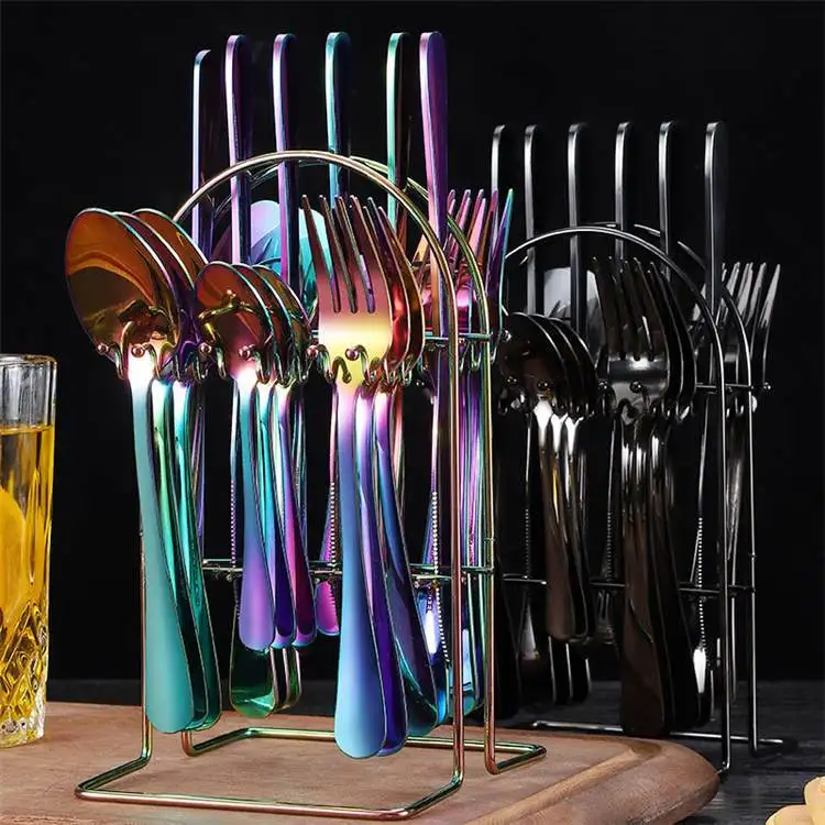 Wholesale Steak Knife Fork Spoon Dinnerware Tableware 24 Pcs With Holder Western Flatware Stainless Steel Cutlery Set