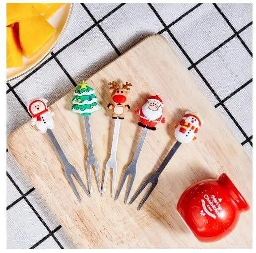 New Arrival Christmas fruit fork silicone portable cake fork cartoon 430 stainless steel metal mini fruit fork for kids