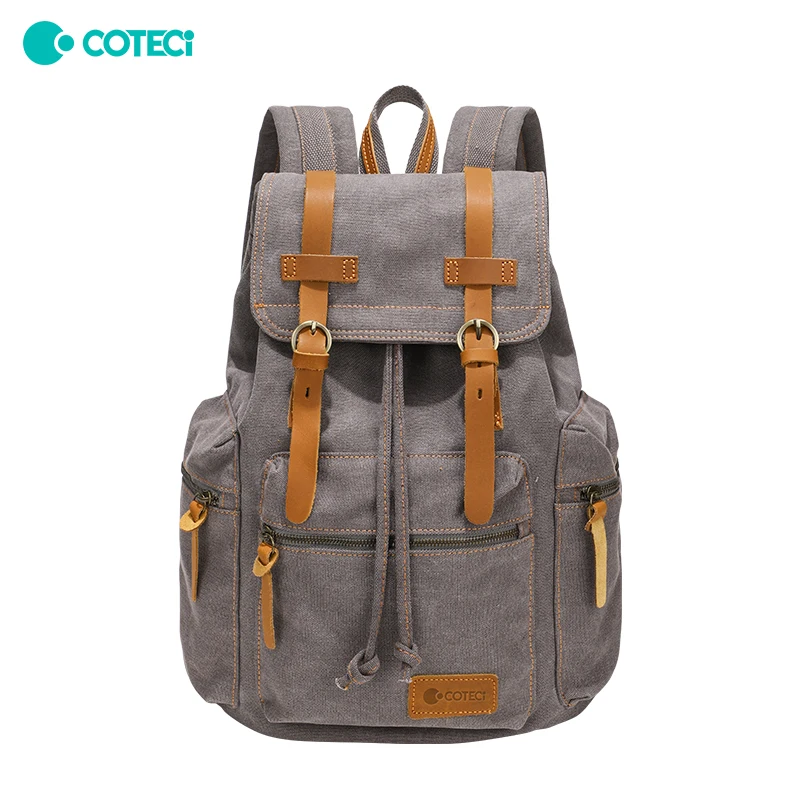 COTECi Large Capacity Retro Canvas Drawstring Backpack for Men Commuter Leather Schoolbag National Geographic Design Students