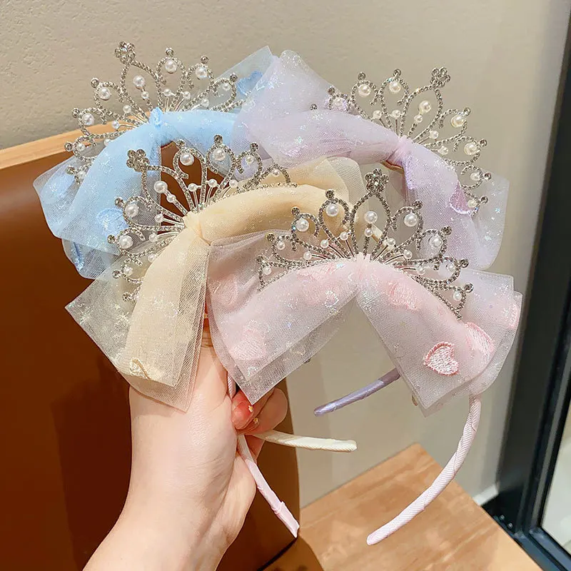 New Arrival Beautiful Child Crown Princess Headband Fashion Girl Pink Lace Bowknot Crown Hair Band For Kids
