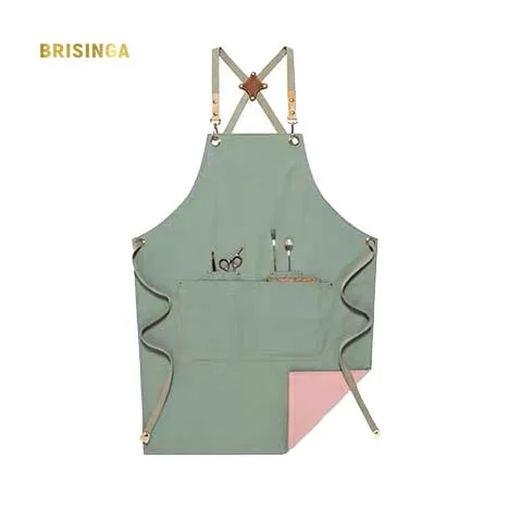 Double sides apron pink aprons adults cotton leather straps blank aprons with pockets