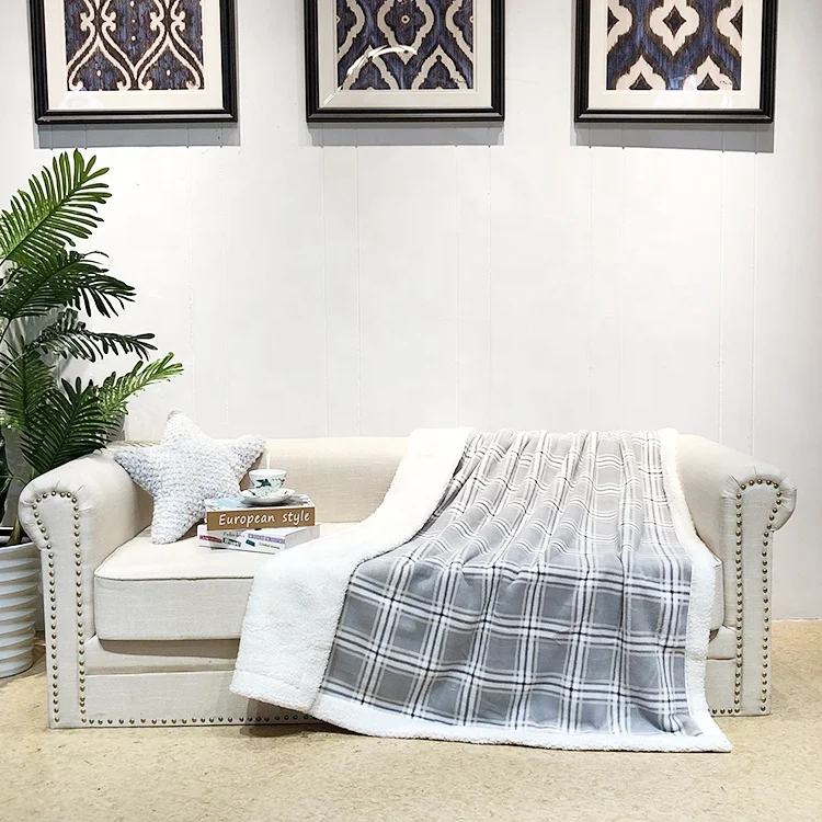 With Solid Sherpa Fleece Double Ply Throw Blanket Plaid Jacquard Printed Coral Fleece 100% Polyester Anti-pilling and Printed