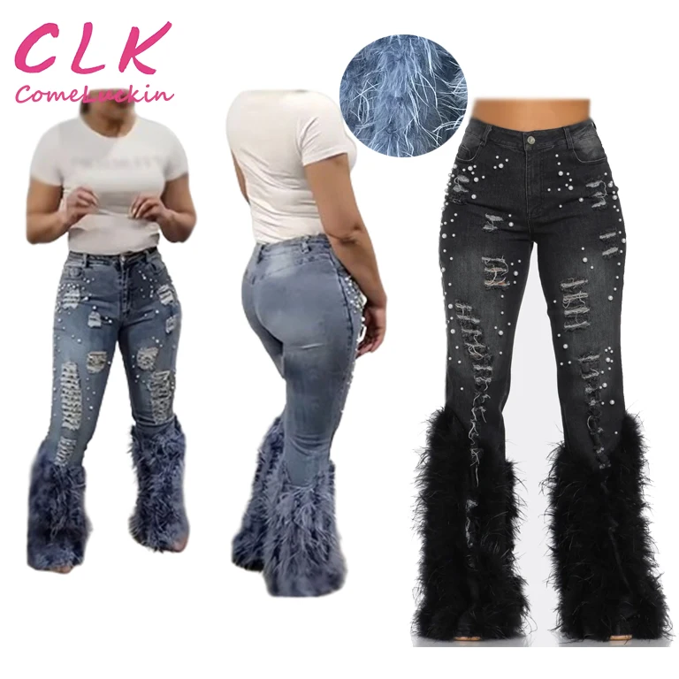 New Arrivals Feather Pearl Trendy Women Ladies Trousers Flared Denim Jeans Patchwork  Jeans cotton Pants cargo Pants