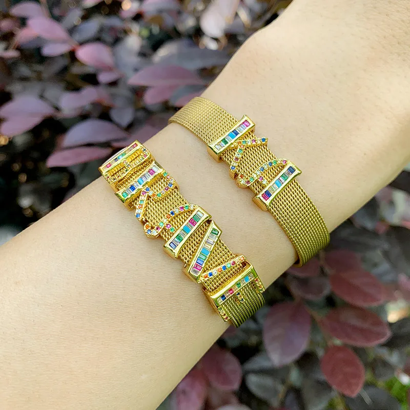 Custom Made DIY Alphabet 26 Letter Name Charms Gold Plated Stainless Steel Mesh Belt Buckle Zircon Adjustable Bracelet Making
